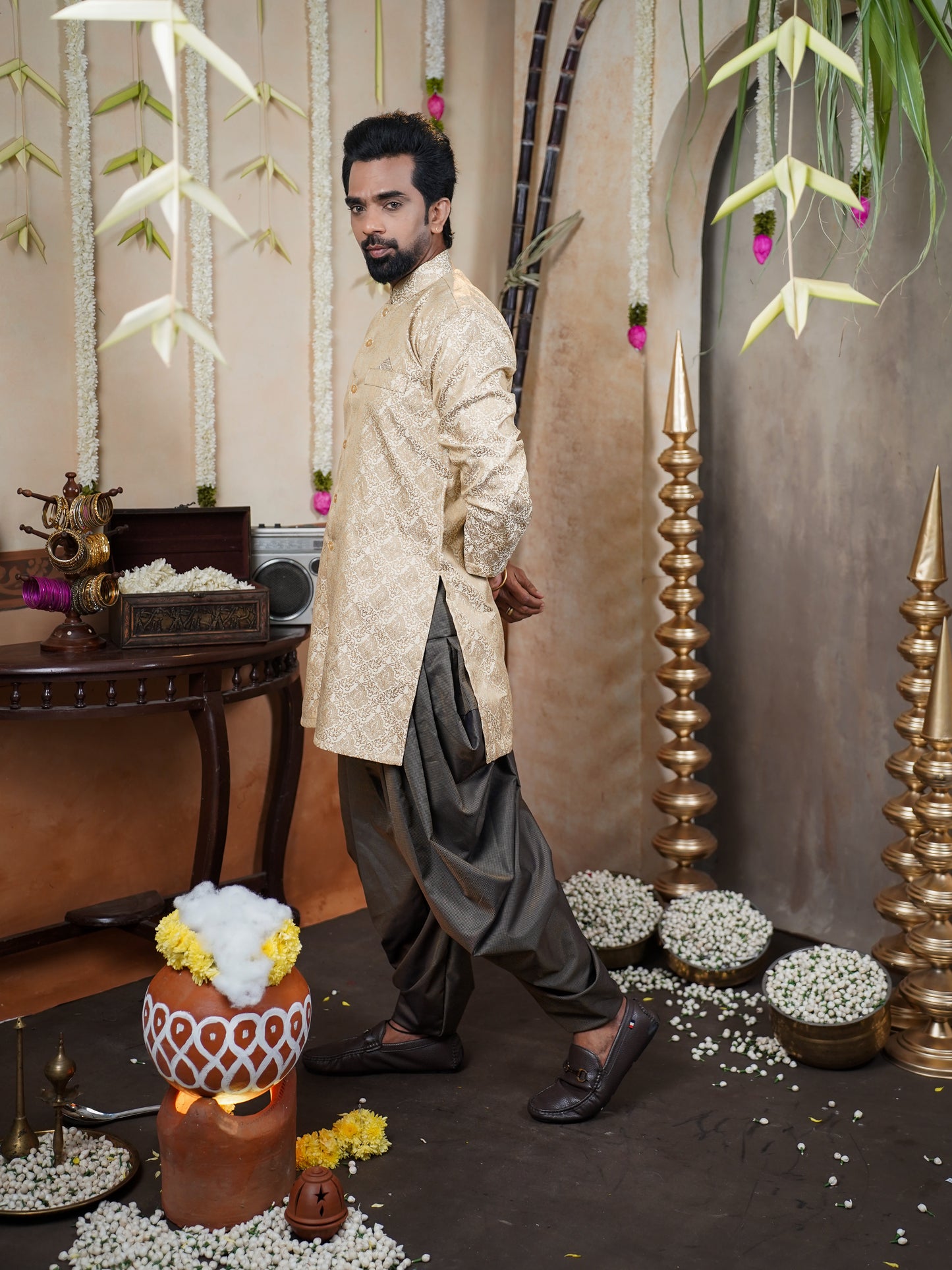 Men’s Semi Brocade Kurta Set with Dhoti Pant