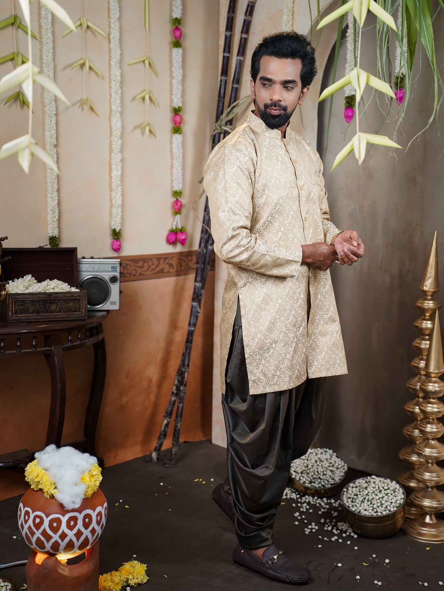 Men’s Semi Brocade Kurta Set with Dhoti Pant