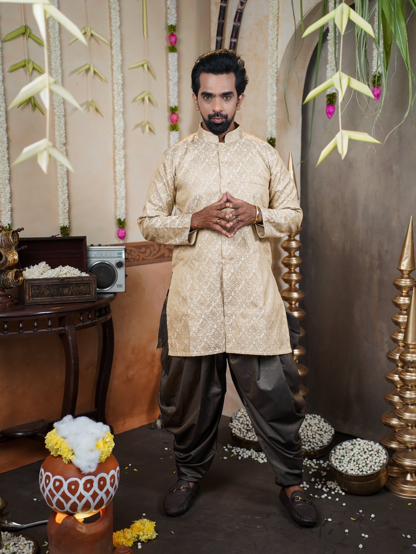 Men’s Semi Brocade Kurta Set with Dhoti Pant