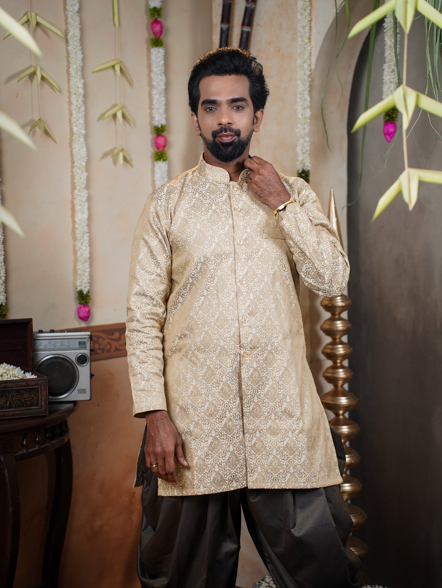 Men’s Semi Brocade Kurta Set with Dhoti Pant