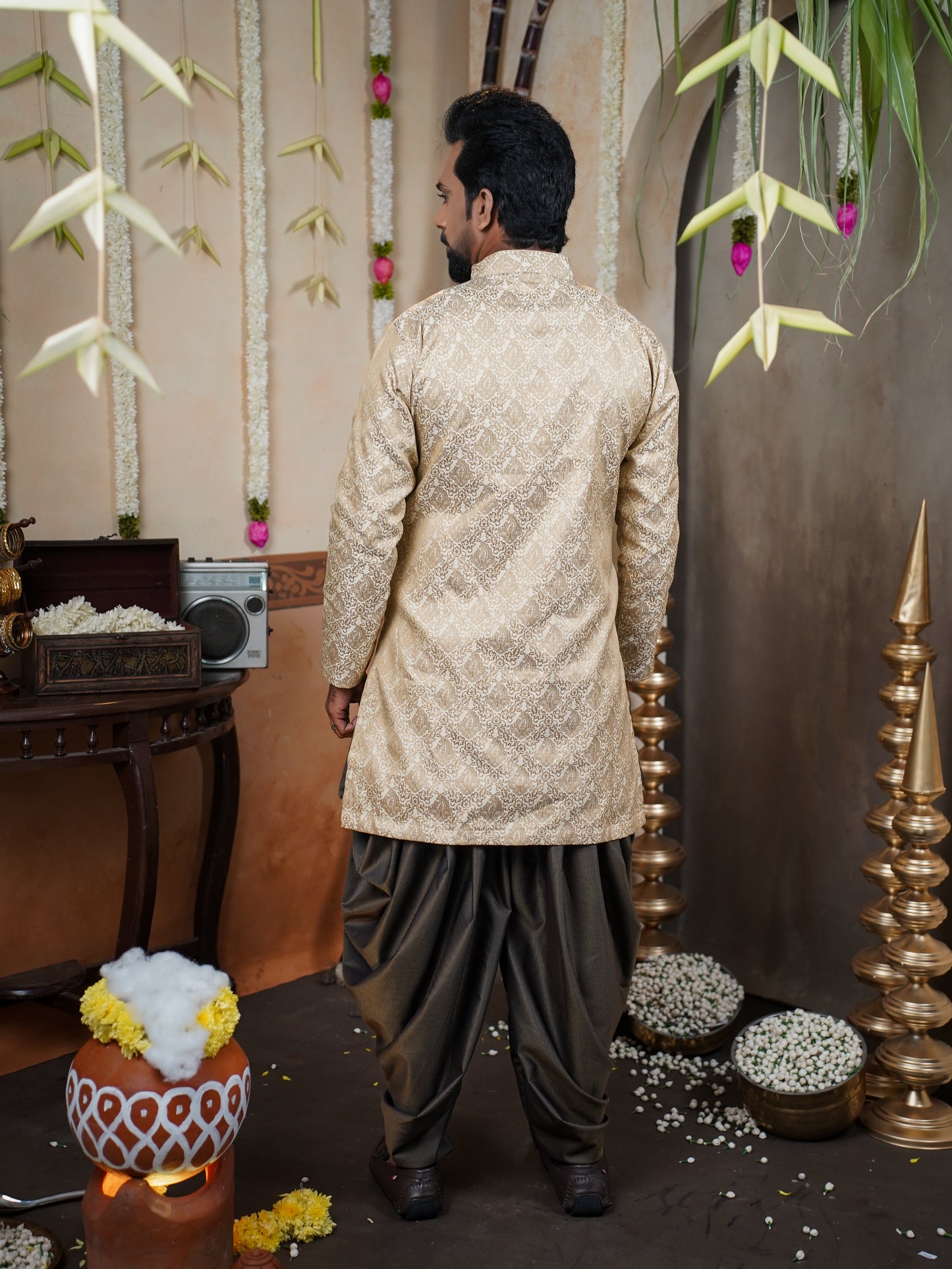Men’s Semi Brocade Kurta Set with Dhoti Pant