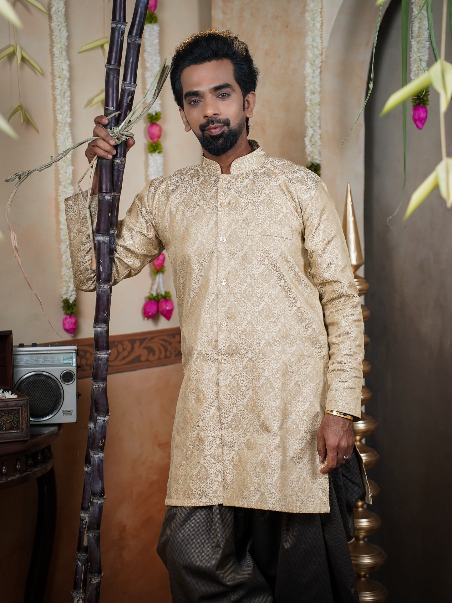 Men’s Semi Brocade Kurta Set with Dhoti Pant