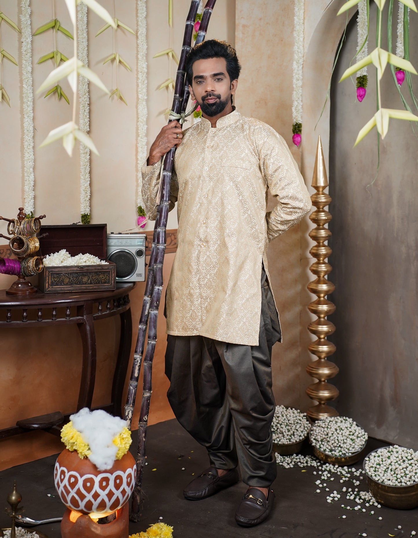 Men’s Semi Brocade Kurta Set with Dhoti Pant