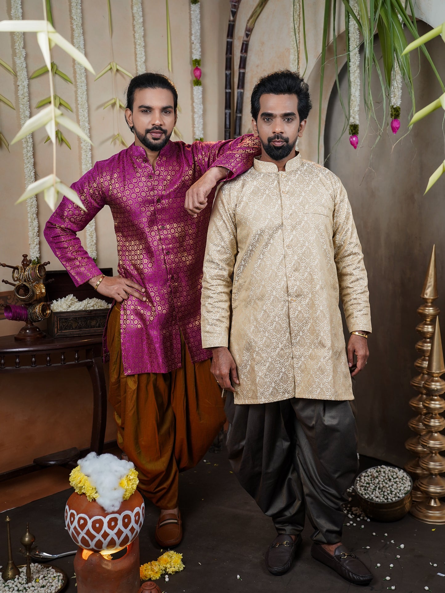 Men’s Semi Brocade Kurta Set with Dhoti Pant