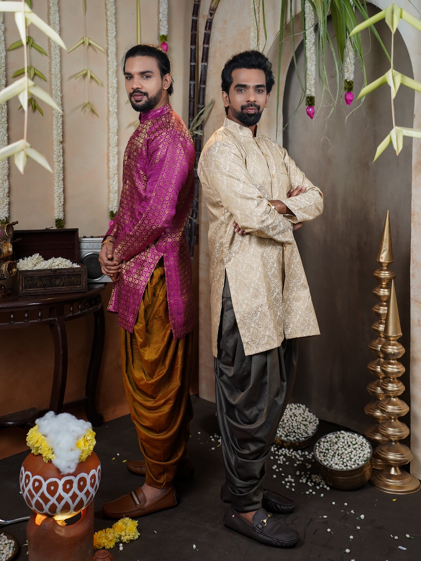 Men’s Semi Brocade Kurta Set with Dhoti Pant