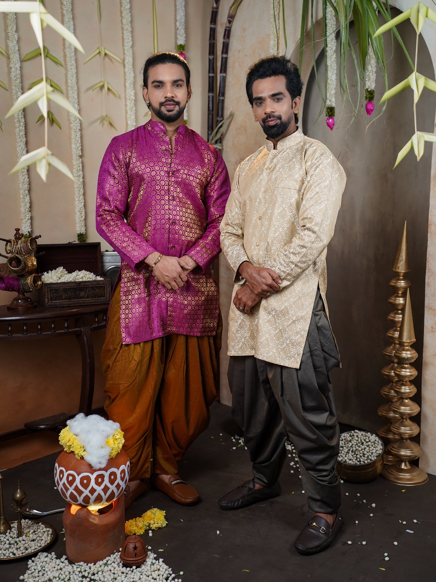 Men’s Semi Brocade Kurta Set with Dhoti Pant
