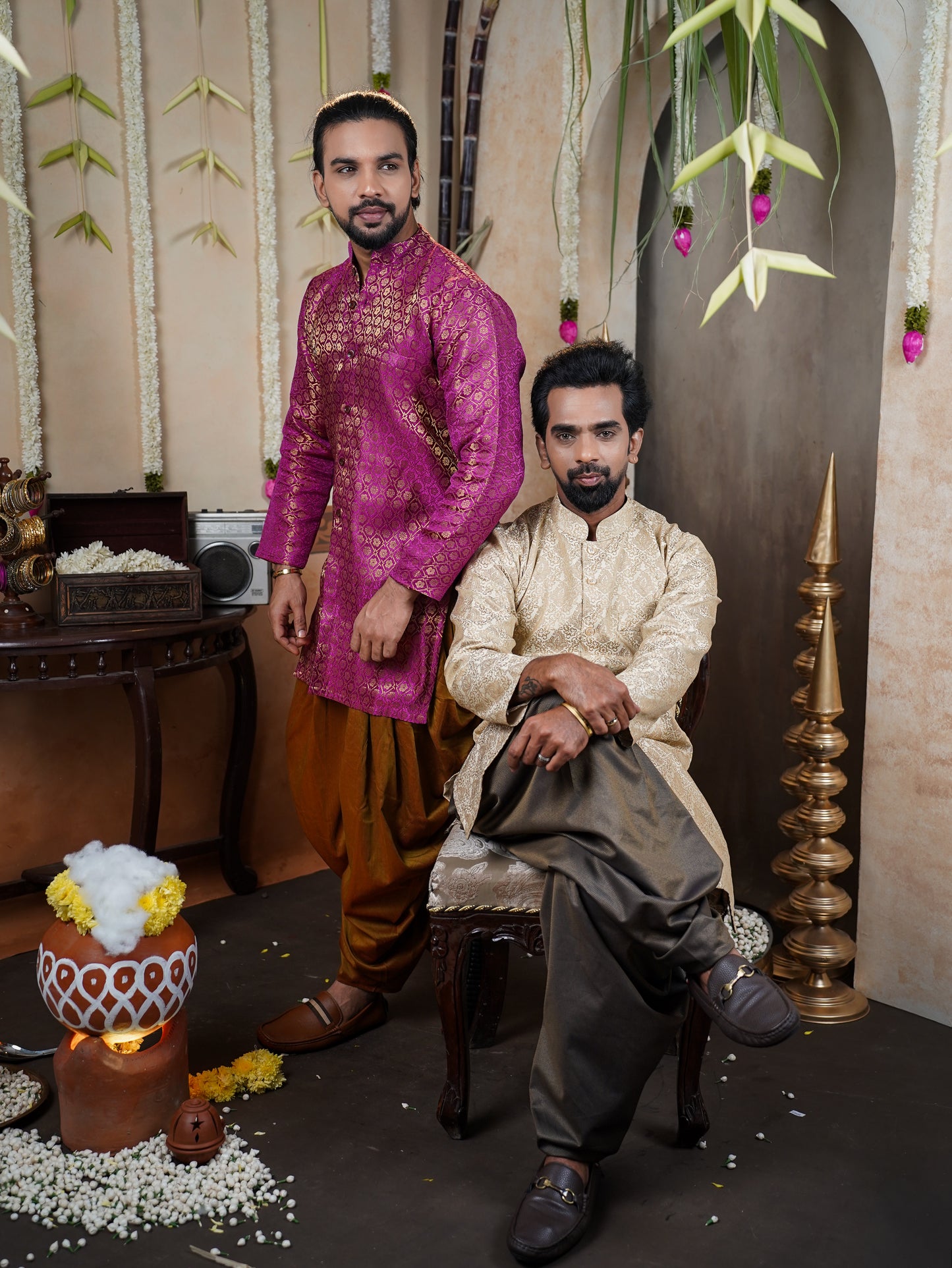 Men’s Semi Brocade Kurta Set with Dhoti Pant