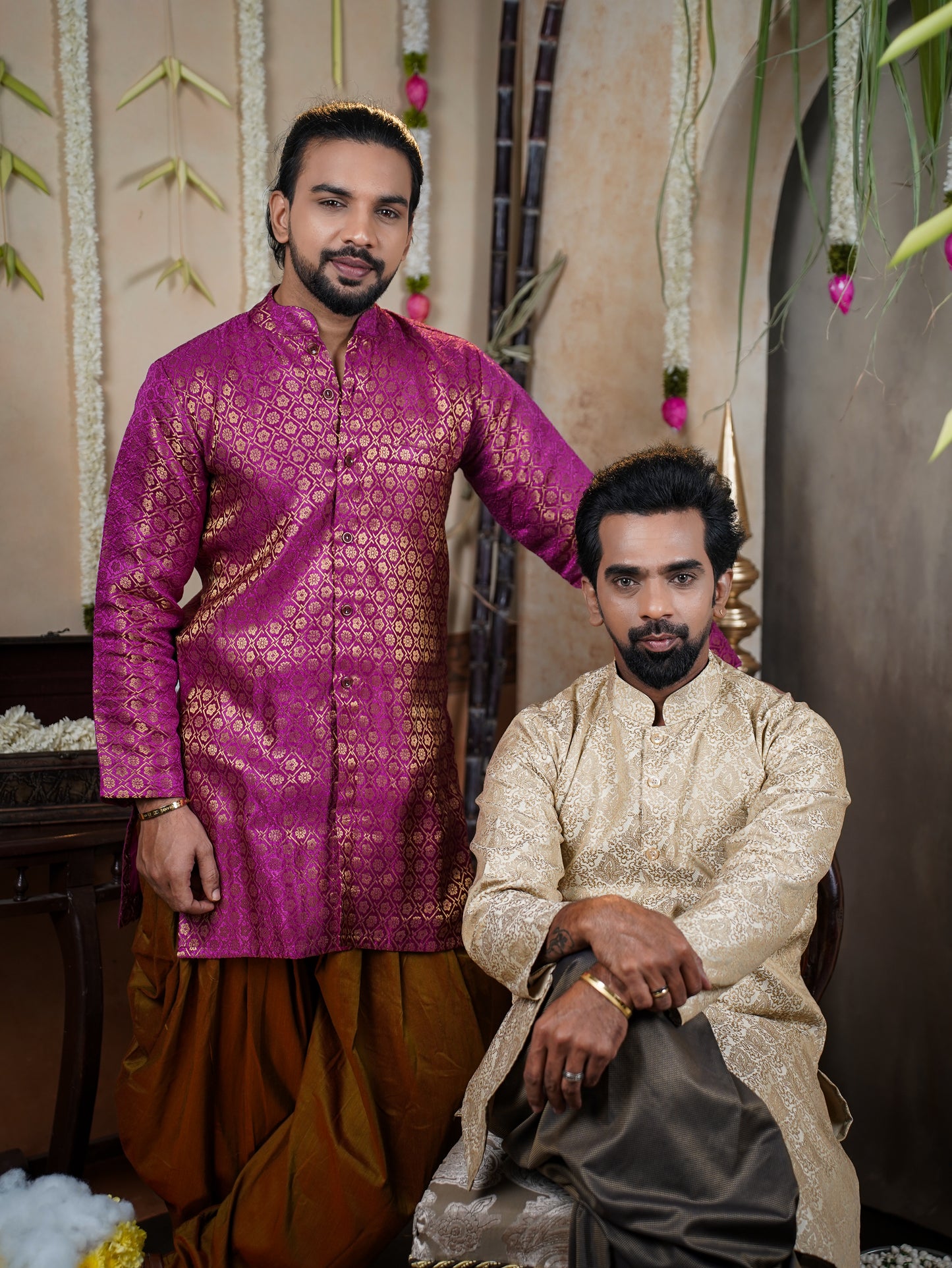 Men’s Semi Brocade Kurta Set with Dhoti Pant