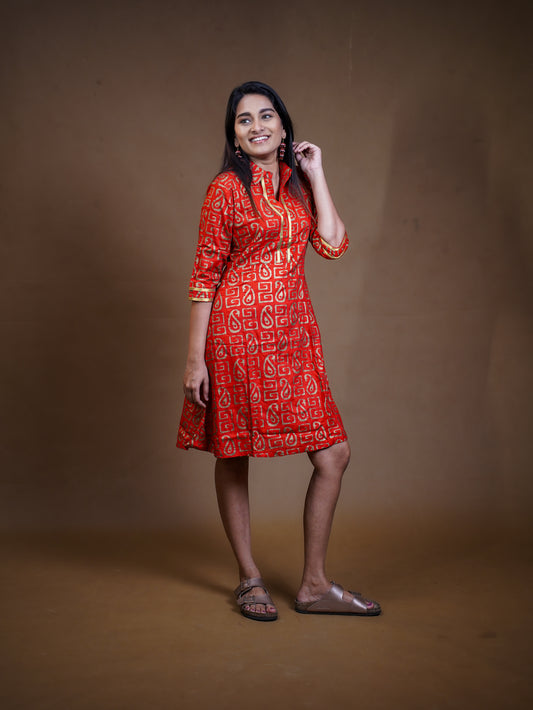 Red Gold Print Mini Dress