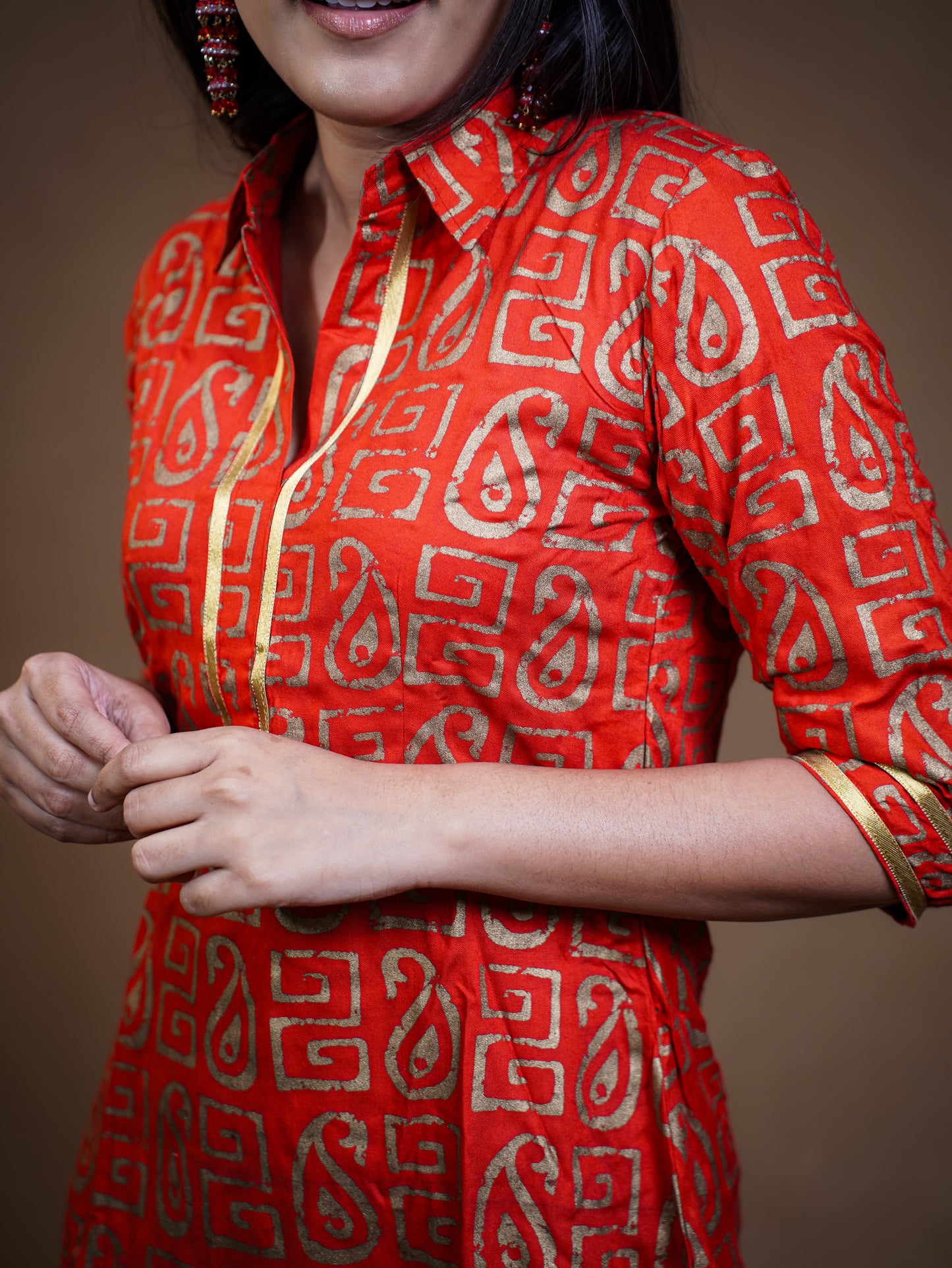 Red Gold Print Mini Dress