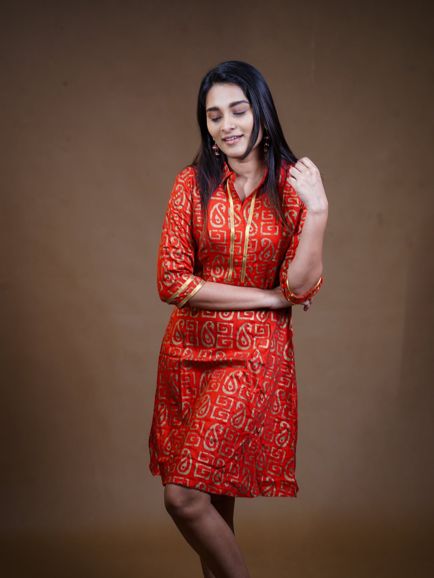 Red Gold Print Mini Dress