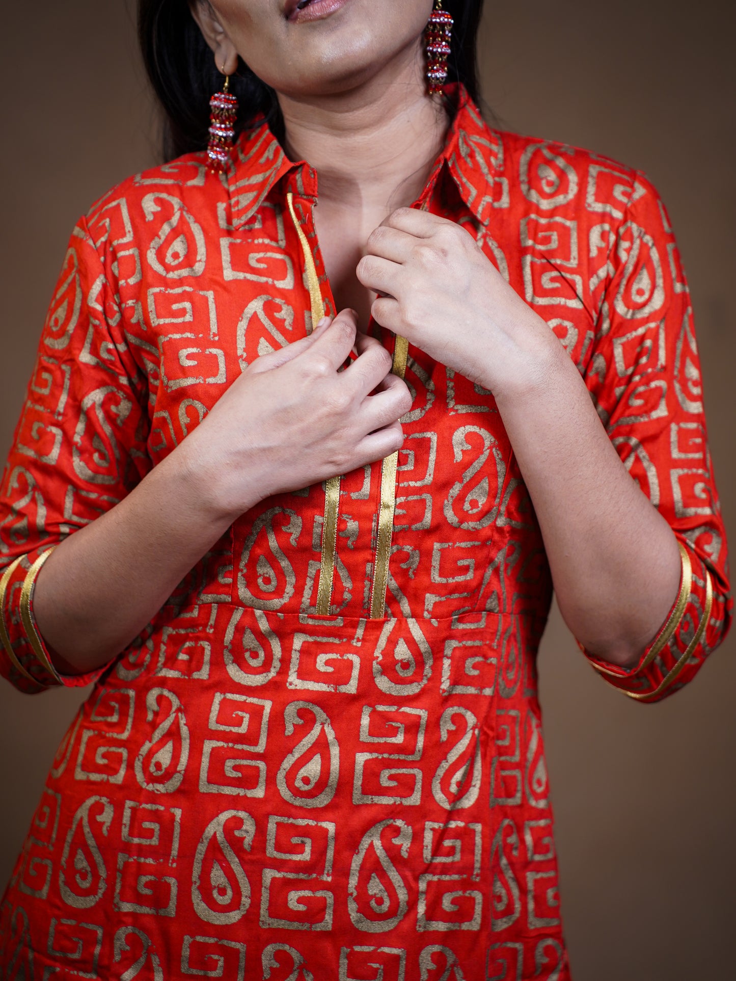 Red Gold Print Mini Dress