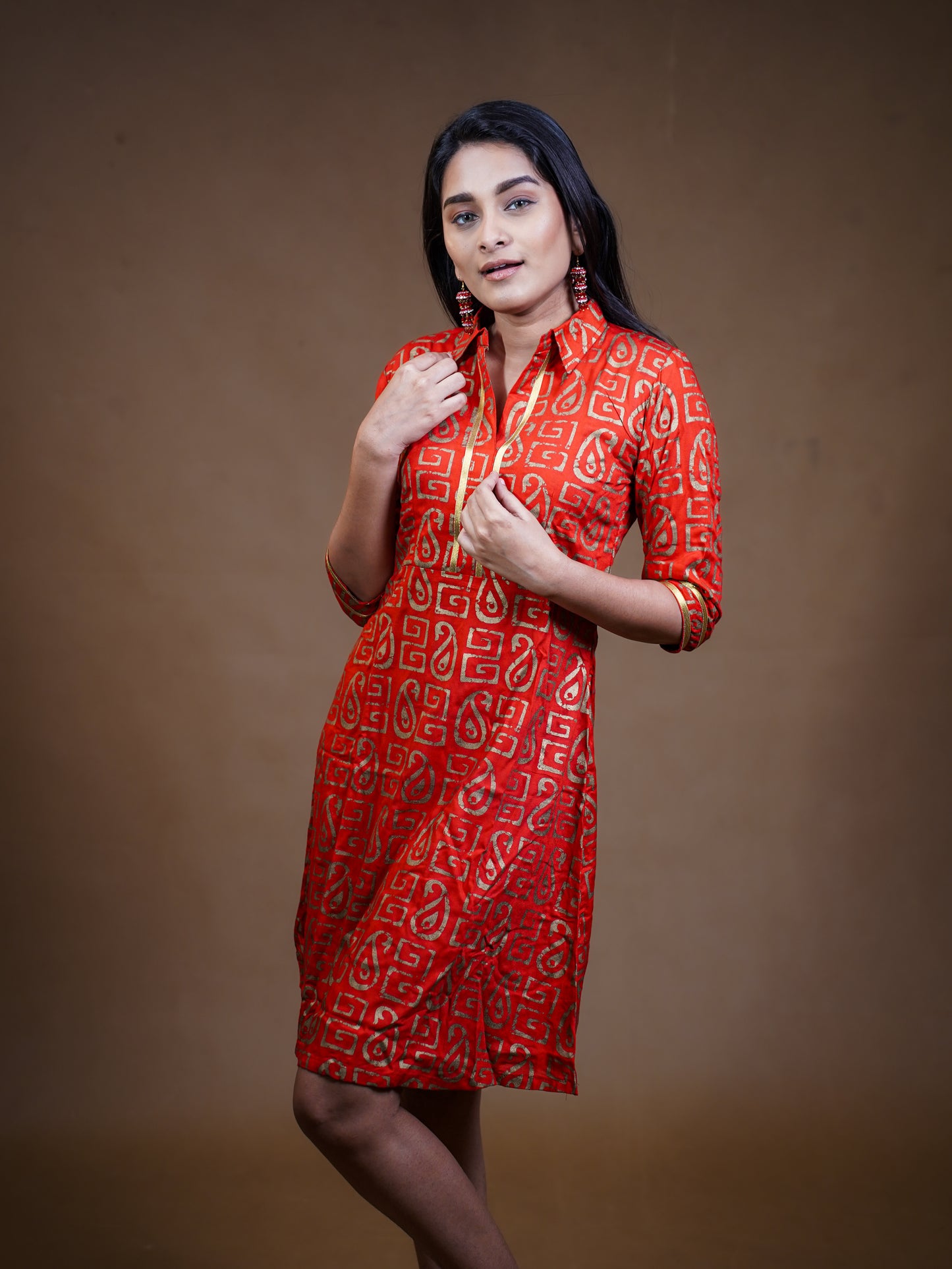 Red Gold Print Mini Dress