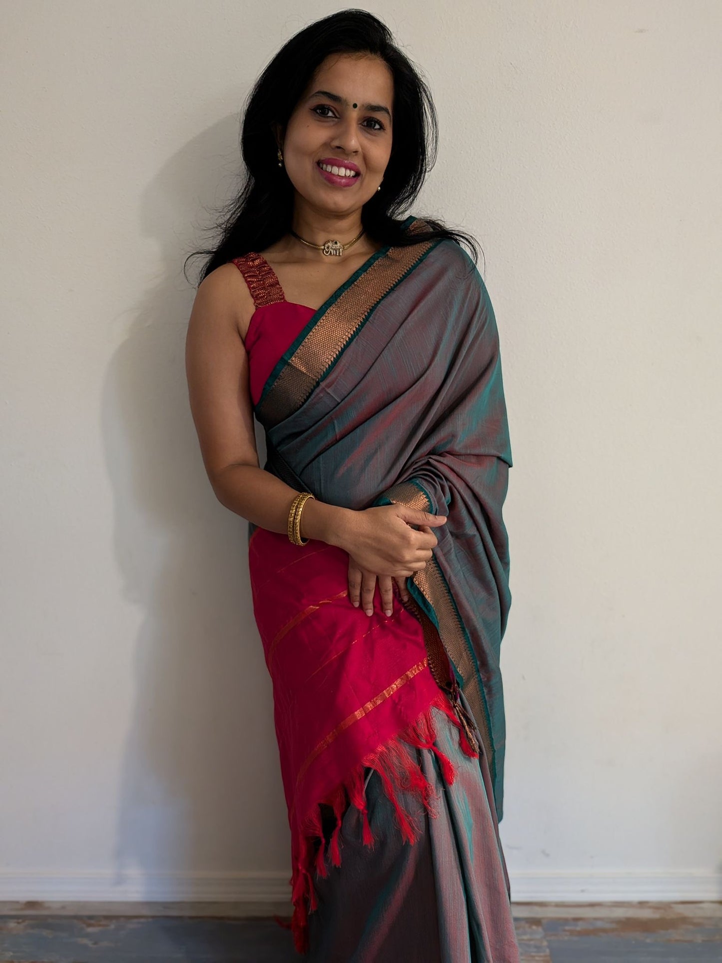 Ahana  - Gray Semi Soft Silk Saree - Red Blouse
