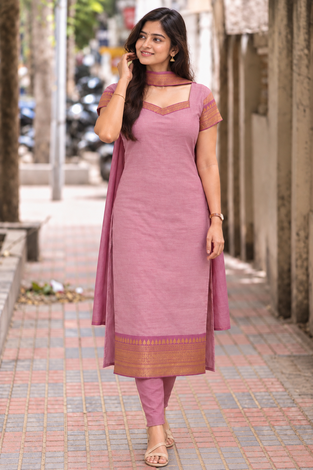Kanji Cottton Zari Neck Top with contrast pant and Zari Duptta