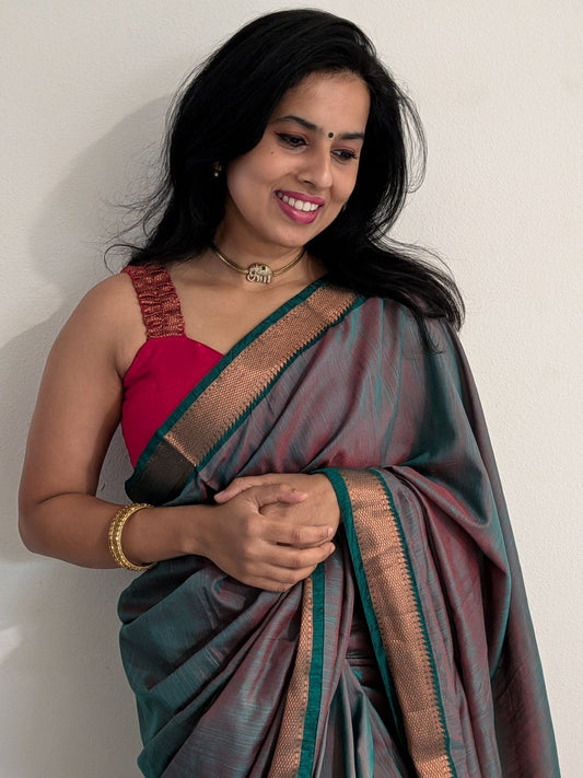 Ahana  - Gray Semi Soft Silk Saree - Red Blouse