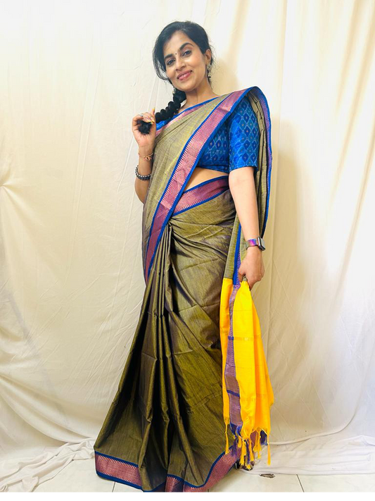 Ahana Soft Silk Saree - Olive Green Yellow Border