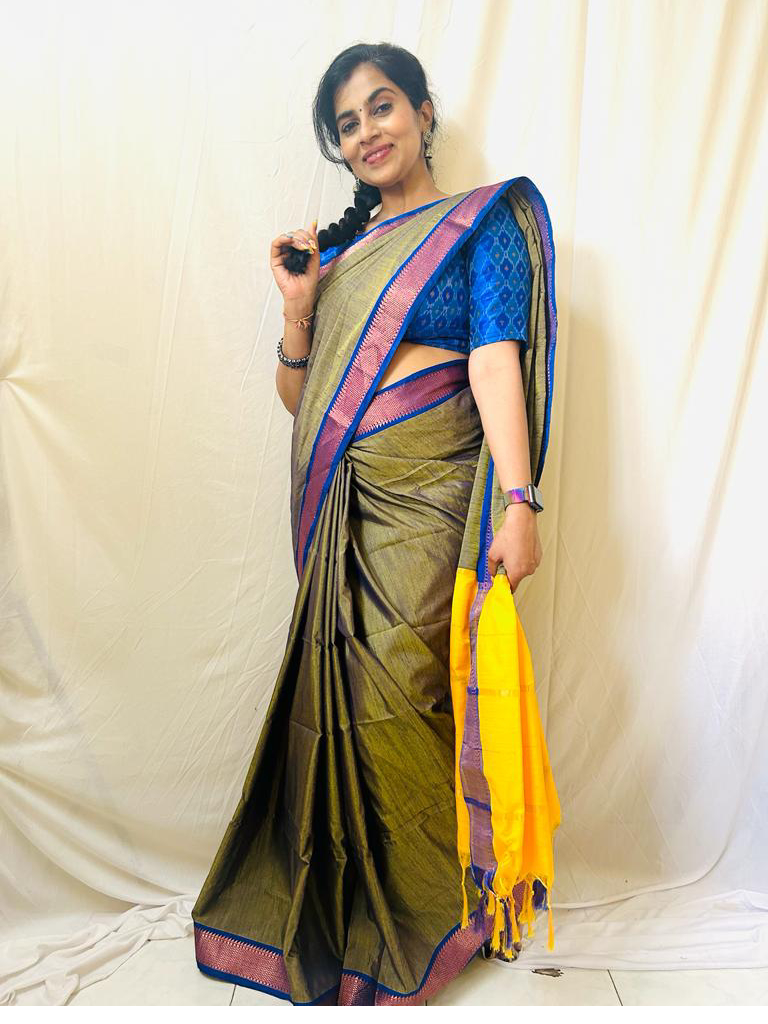 Ahana Soft Silk Saree - Olive Green Yellow Border