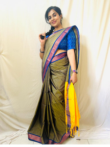 Ahana Soft Silk Saree - Olive Green Yellow Border