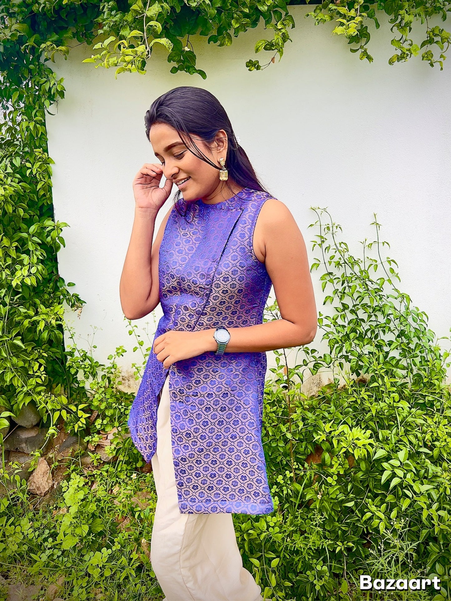 Milan high slit semi brocade dress set