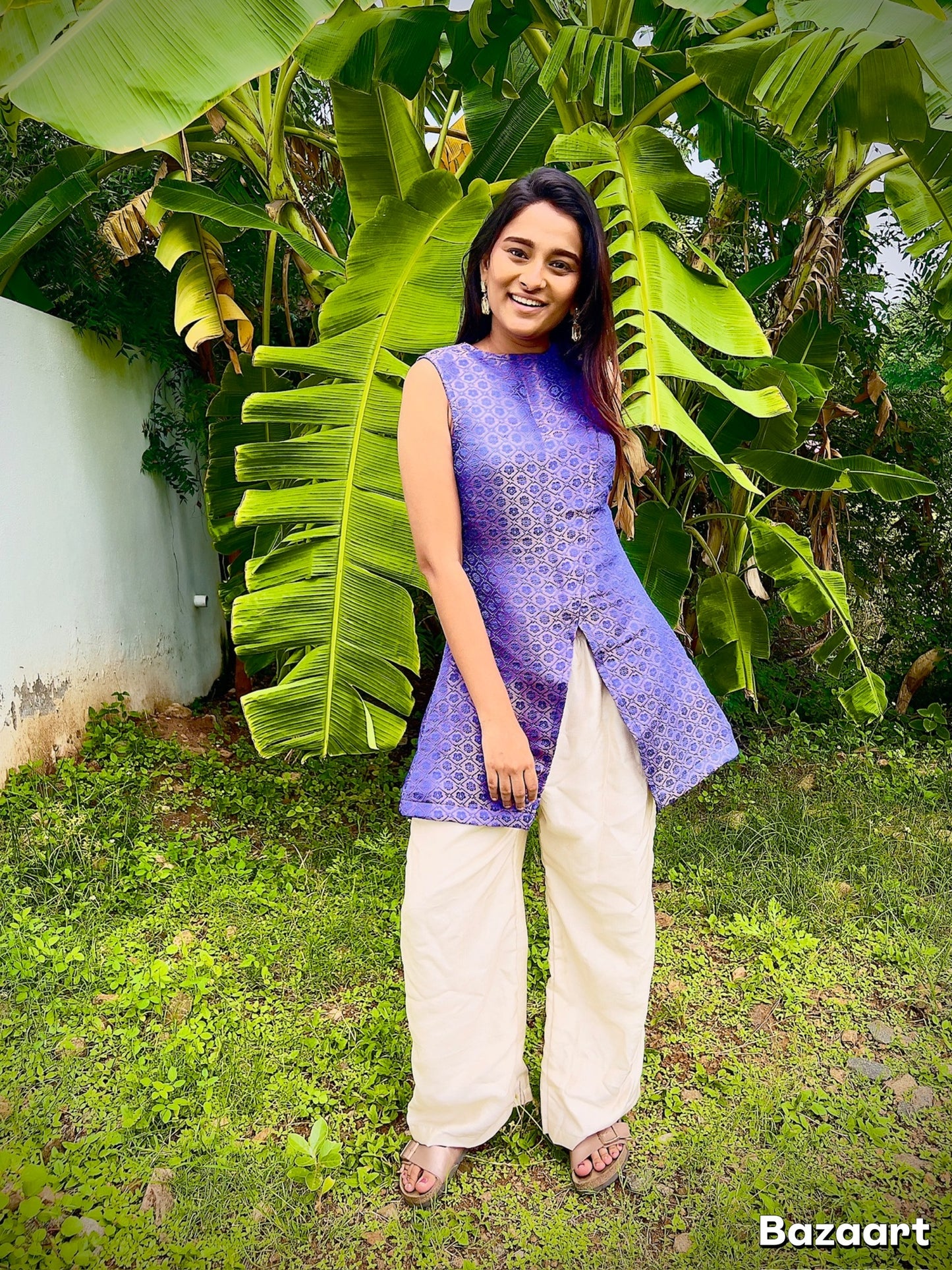 Milan high slit semi brocade dress set