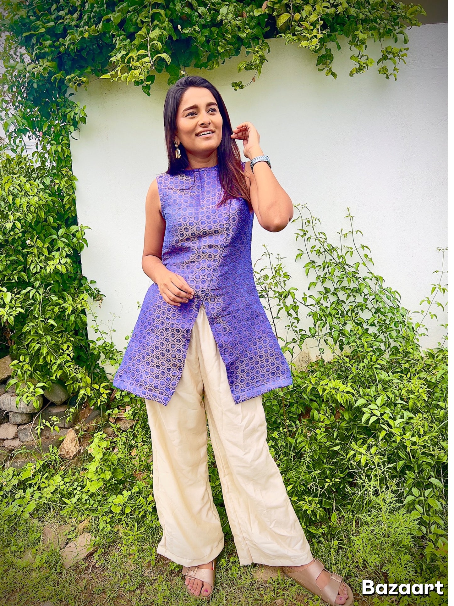 Milan high slit semi brocade dress set