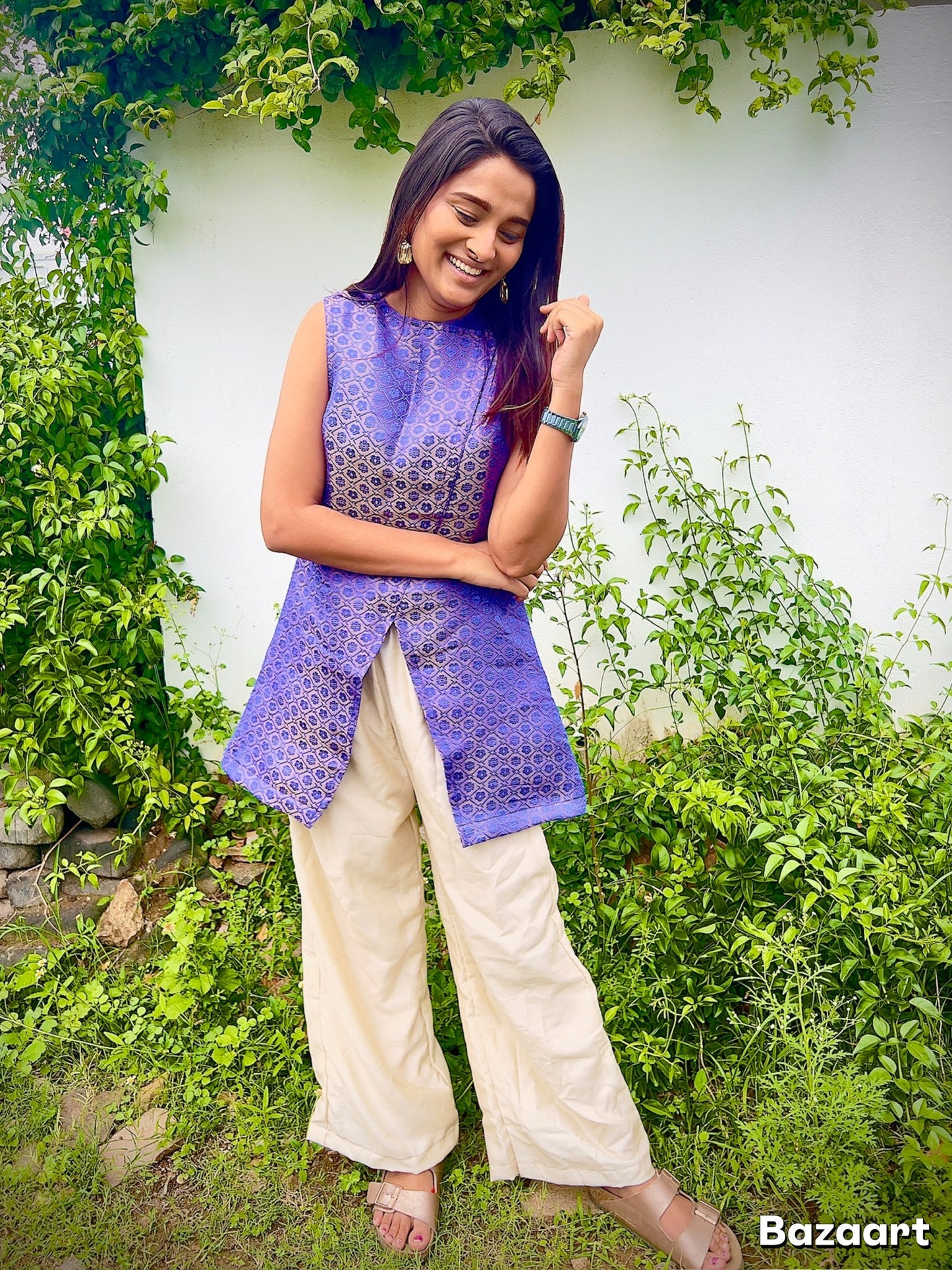 Milan high slit semi brocade dress set