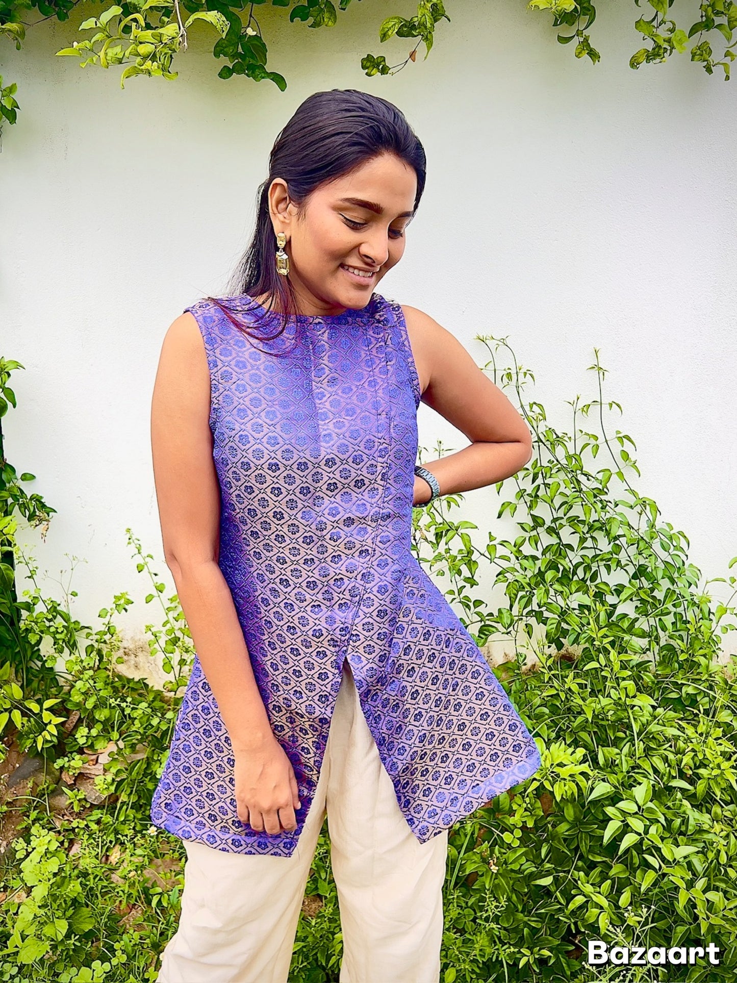 Milan high slit semi brocade dress set