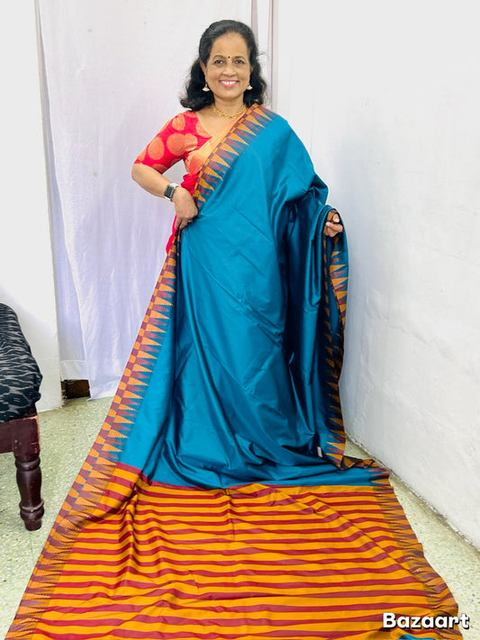 Ahana Blue Semi  Soft Silk saree with stripe blouse