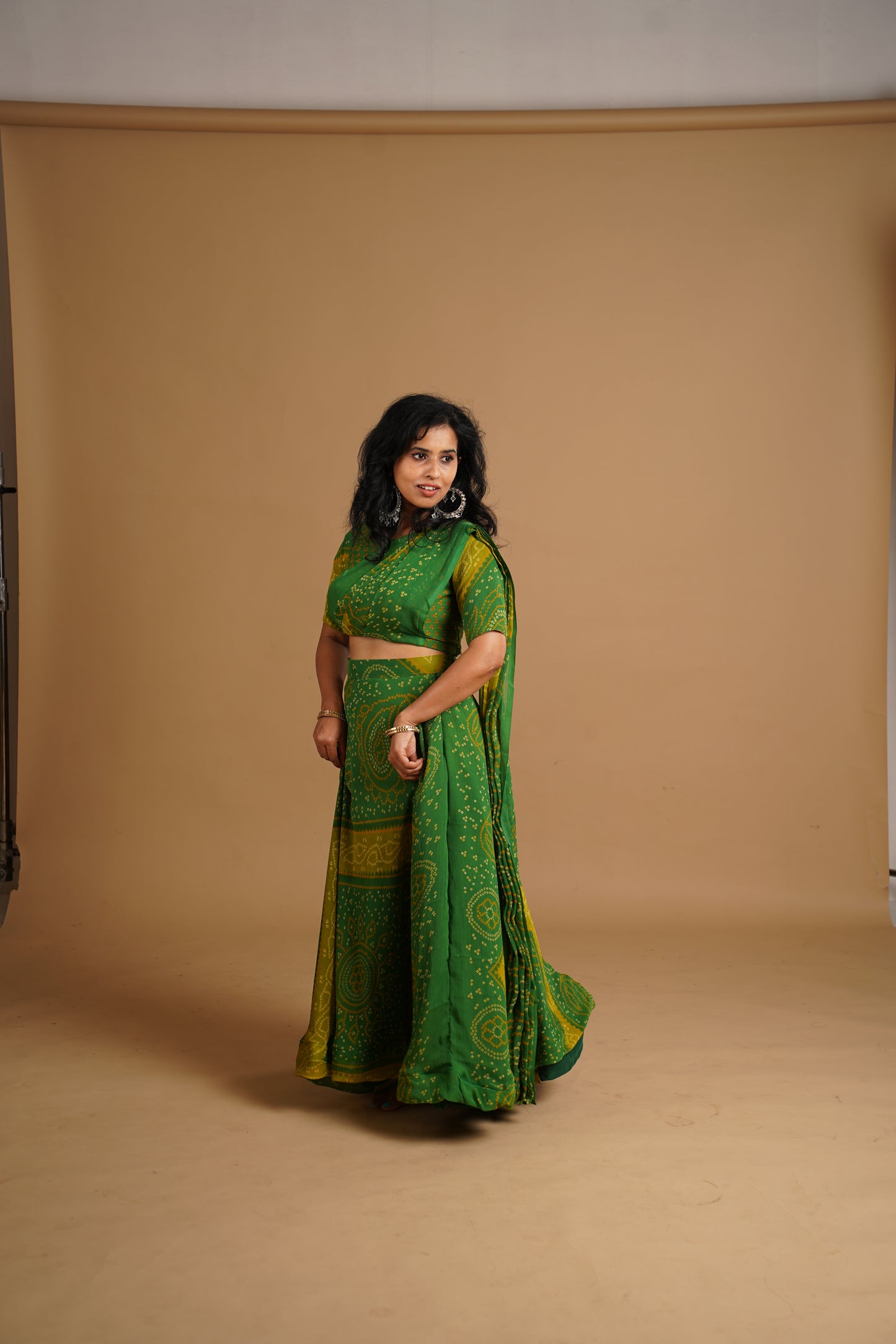 Bhandani Print Predraped Saree - green and Yellow