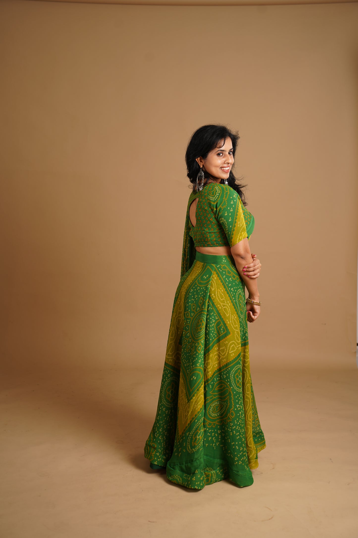 Bhandani Print Predraped Saree - green and Yellow