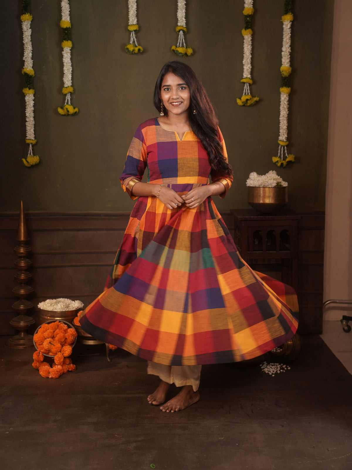 Chennai Check Anarkali Set with cream pant