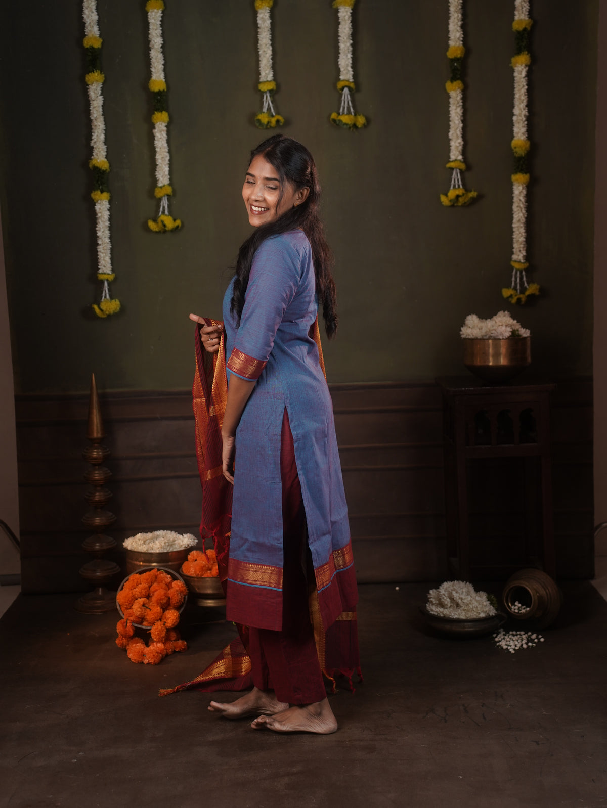 Mangalagiri 3 piece set Maroon with contrast Pant and Dupatta