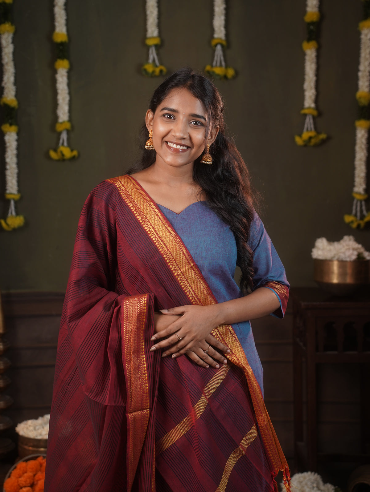 Mangalagiri 3 piece set Maroon with contrast Pant and Dupatta