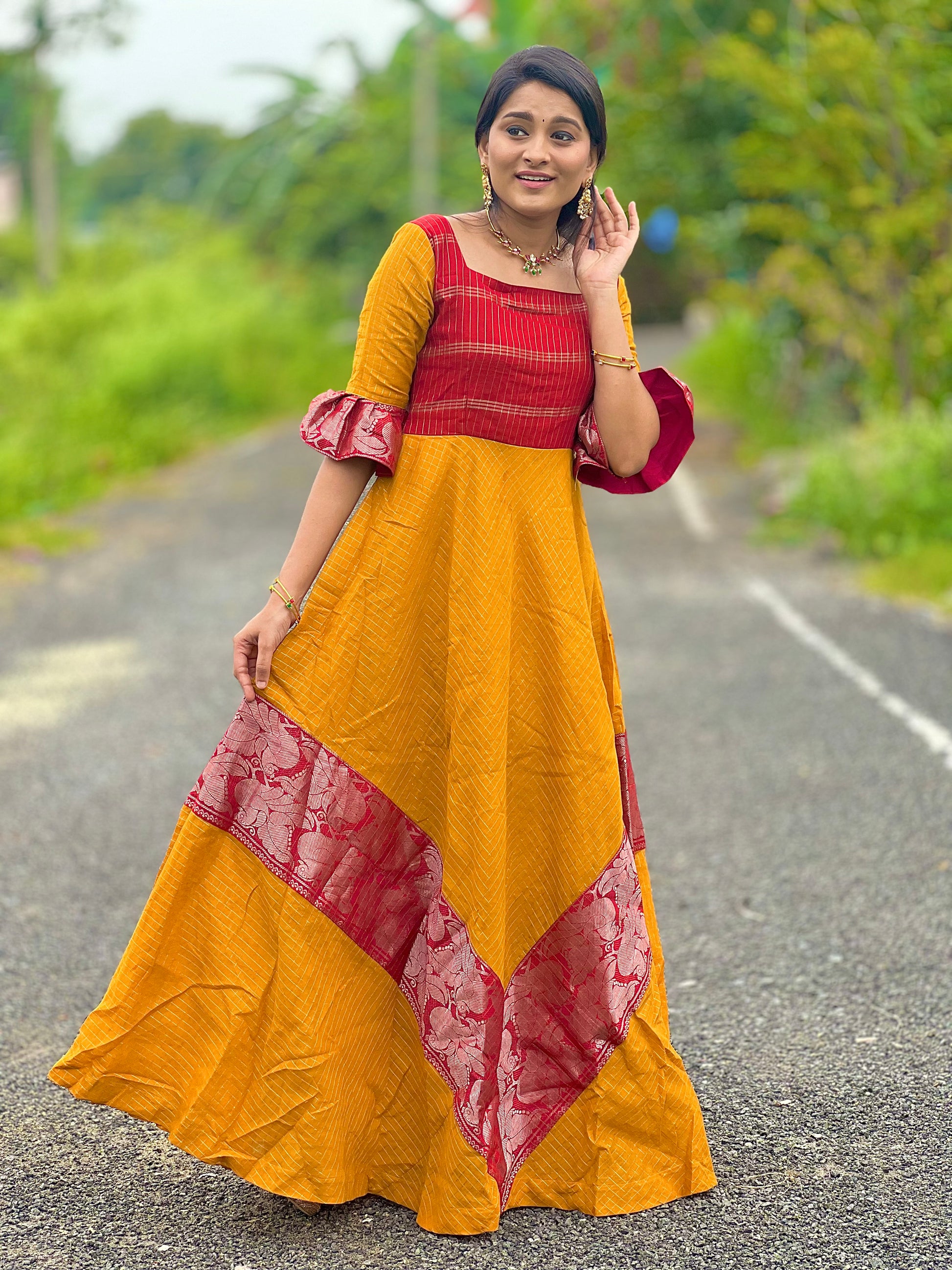 Madurai Sungudi Dress - Yellow Red Shraddhaa Trends Madurai Sungudi Dress - Yellow Red Shraddhaa Trends