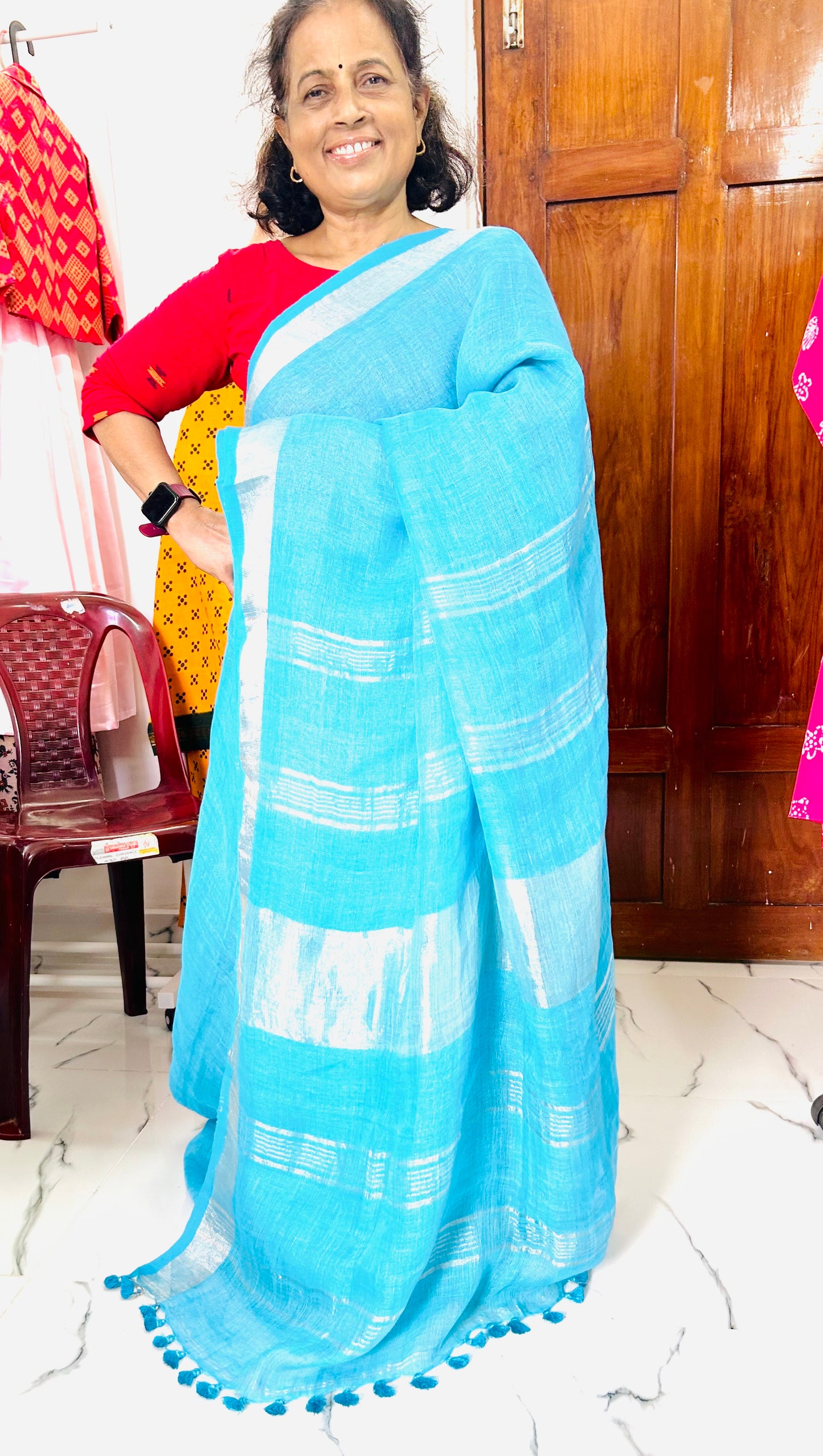 Yashoda Linen Saree Sky blue