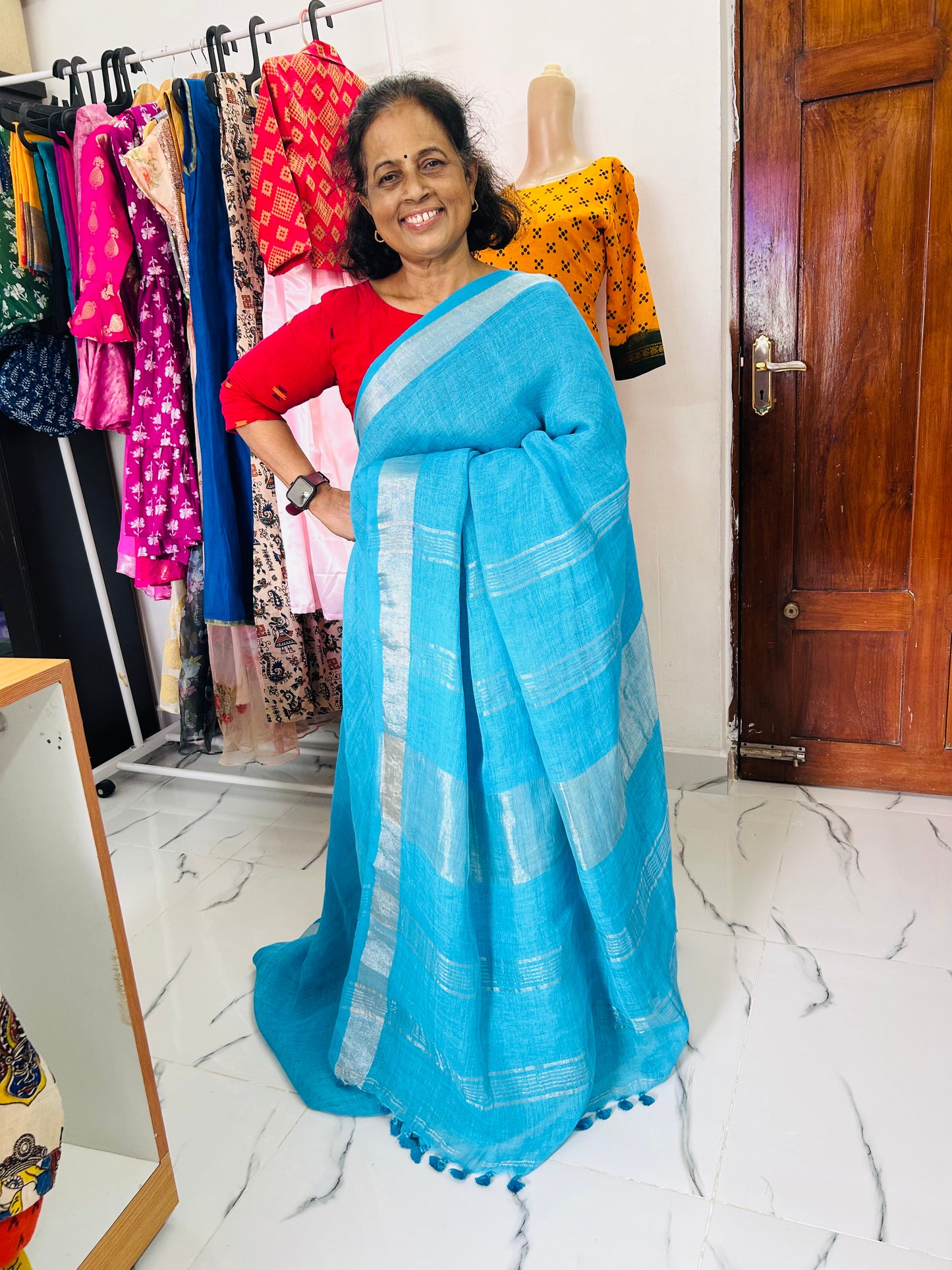 Yashoda Linen Saree Sky blue