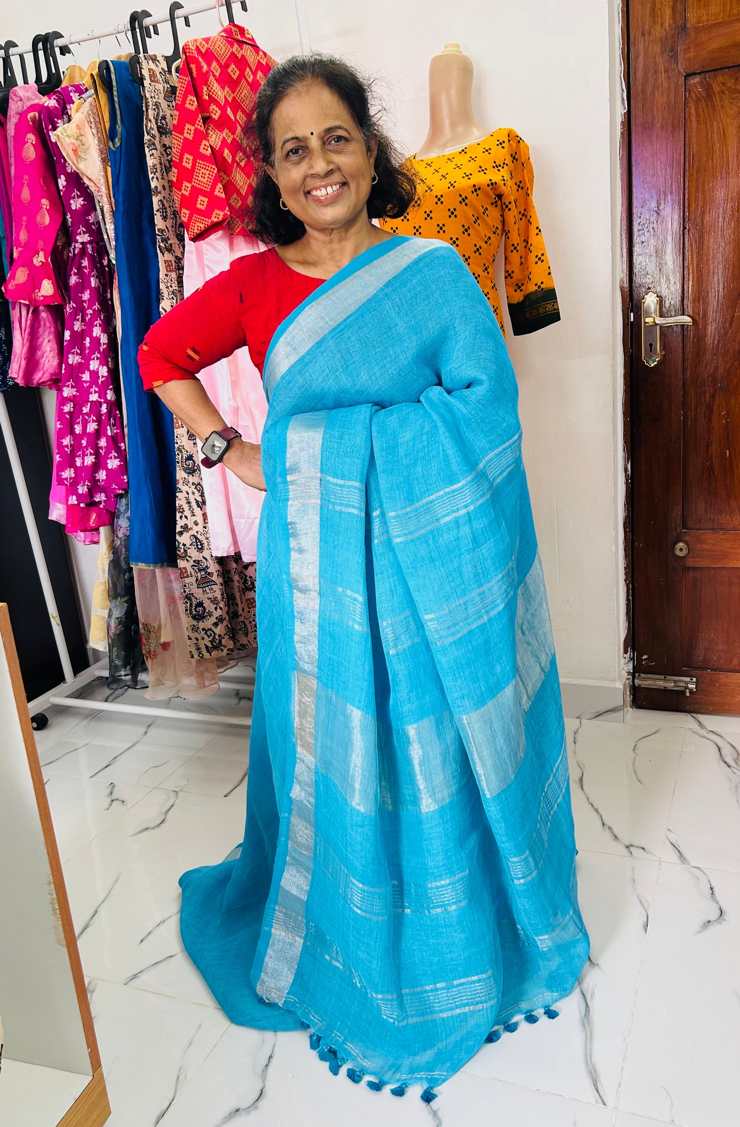 Yashoda Linen Saree Sky blue