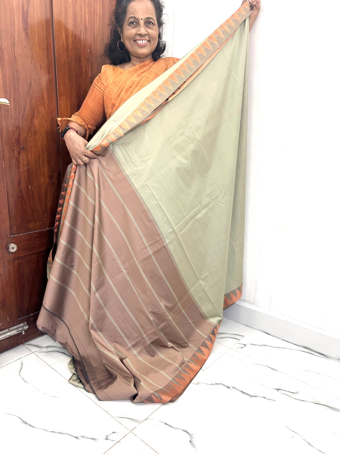 Ahana Pale Pista Semi Soft Silk Saree with chocolate border