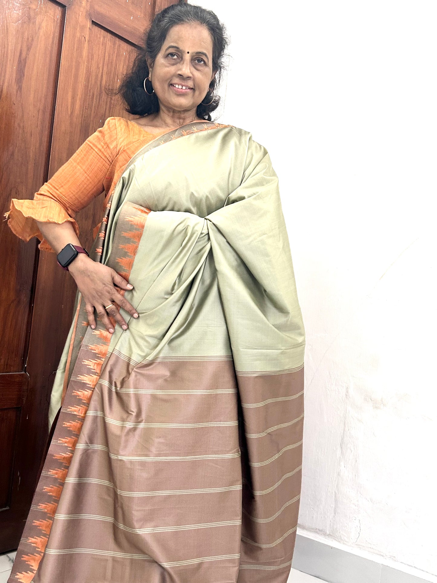 Ahana Pale Pista Semi Soft Silk Saree with chocolate border