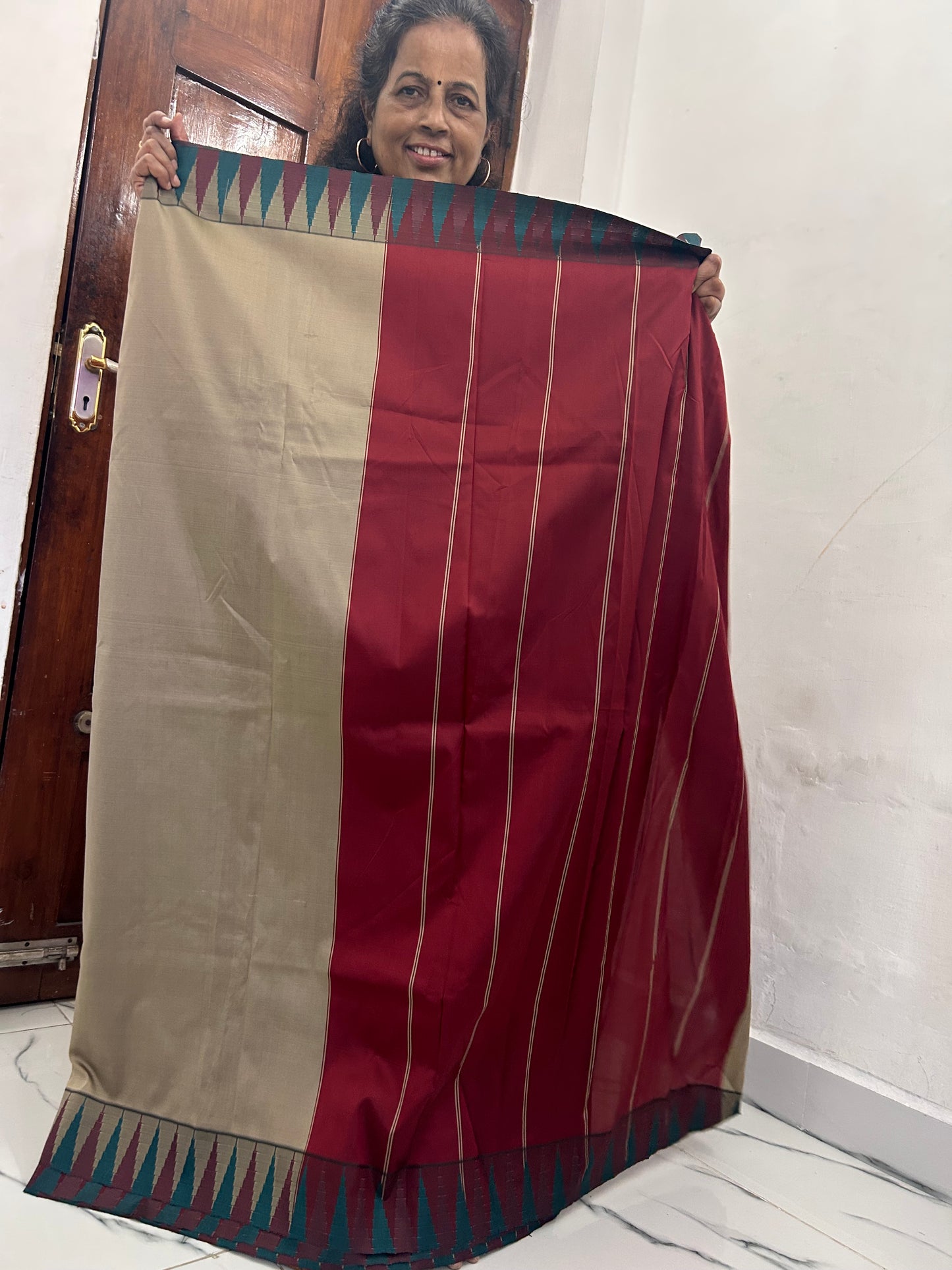 Ahana Soft Silk Saree beige and maroon