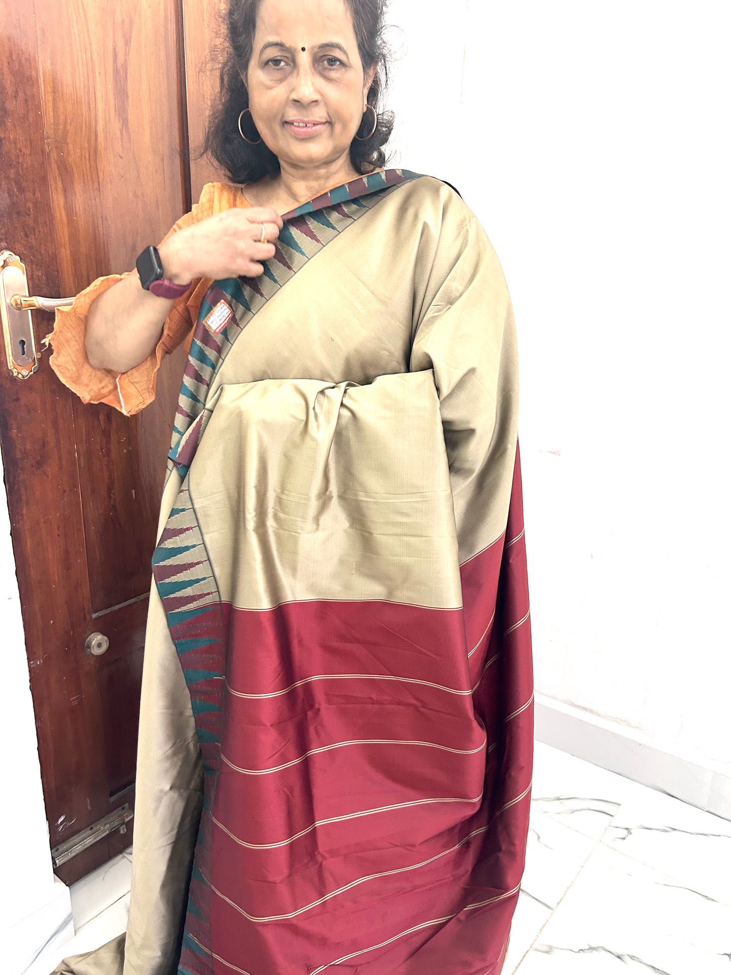 Ahana Soft Silk Saree beige and maroon