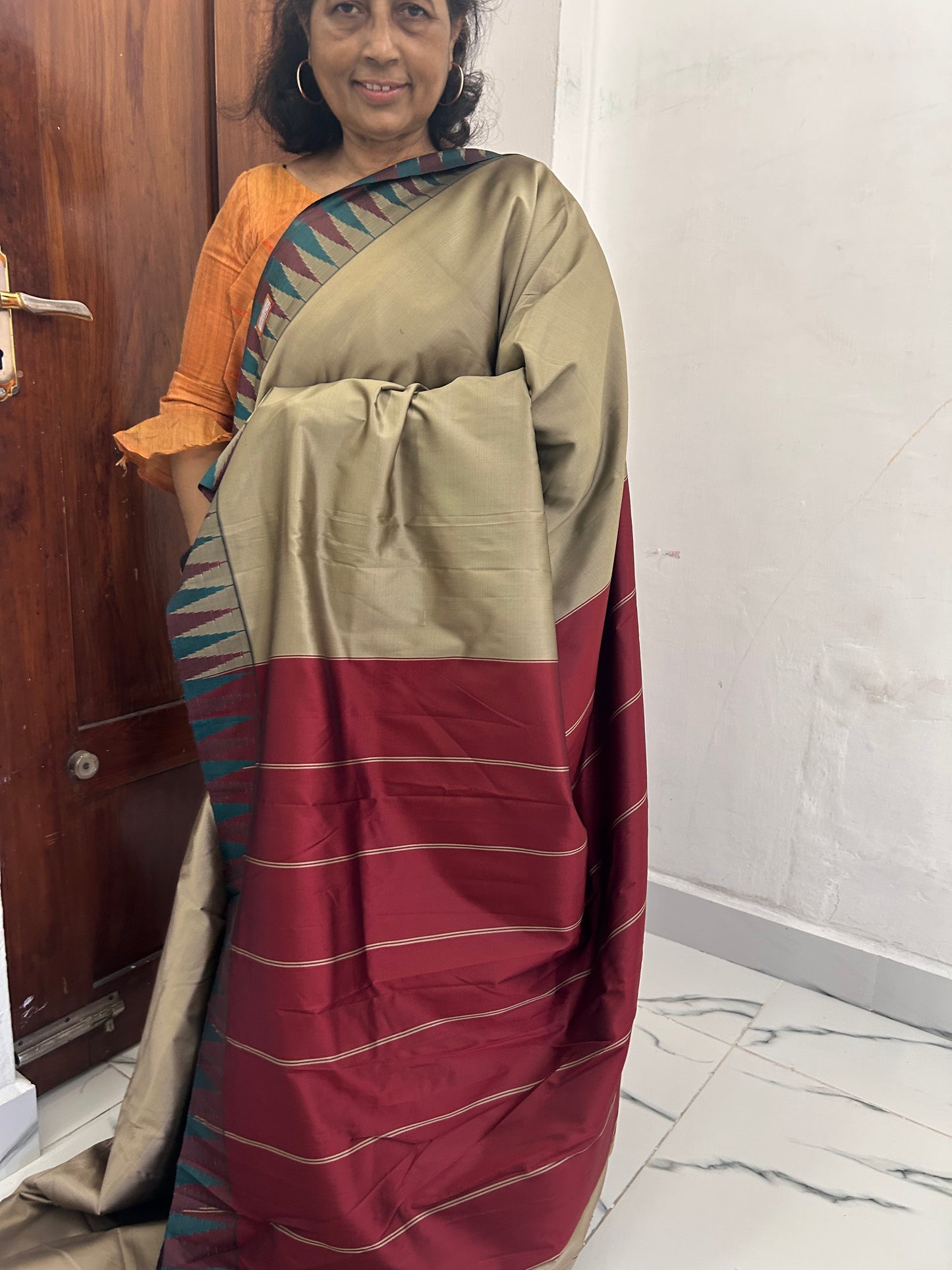 Ahana Soft Silk Saree beige and maroon