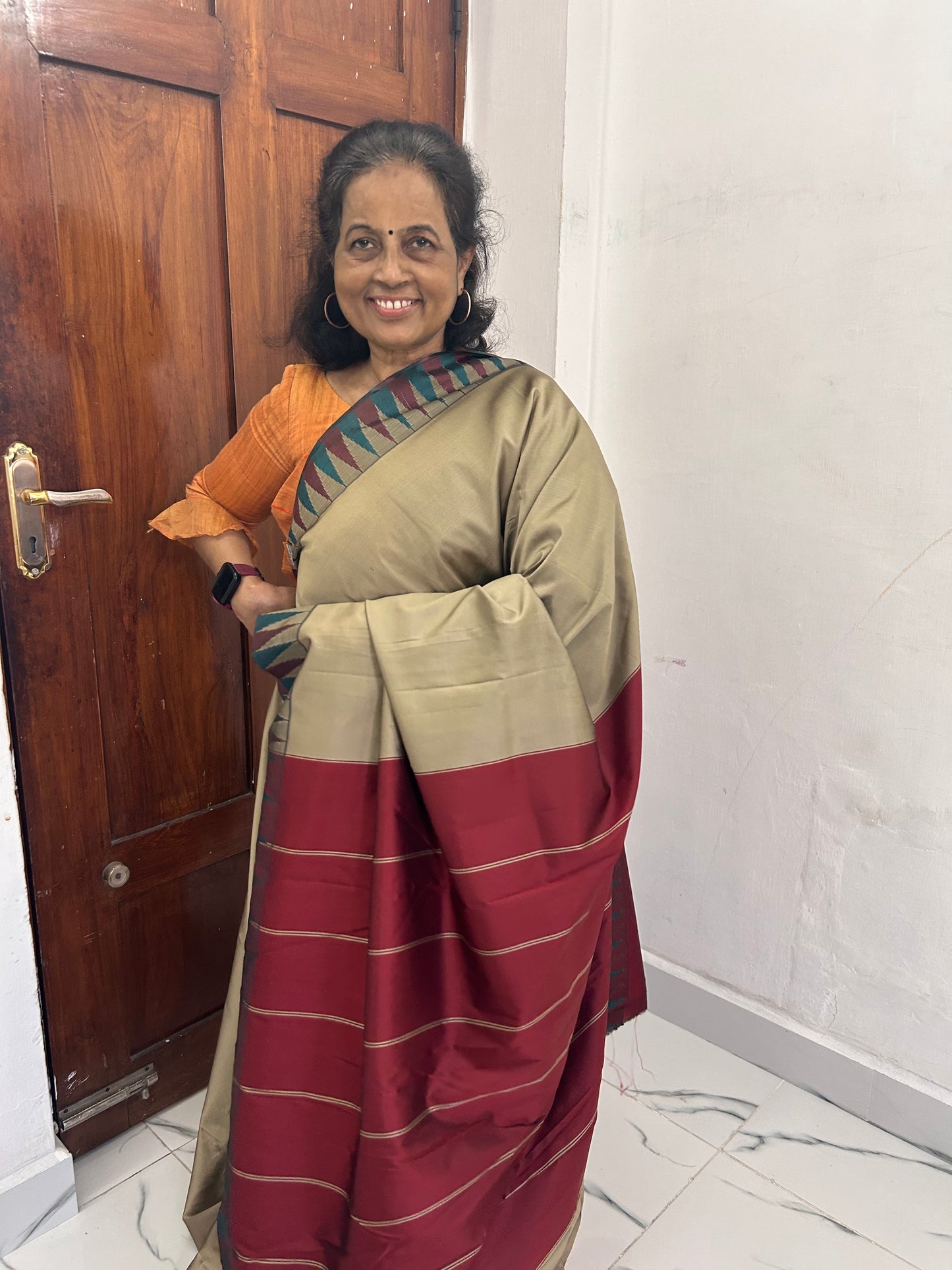 Ahana Soft Silk Saree beige and maroon