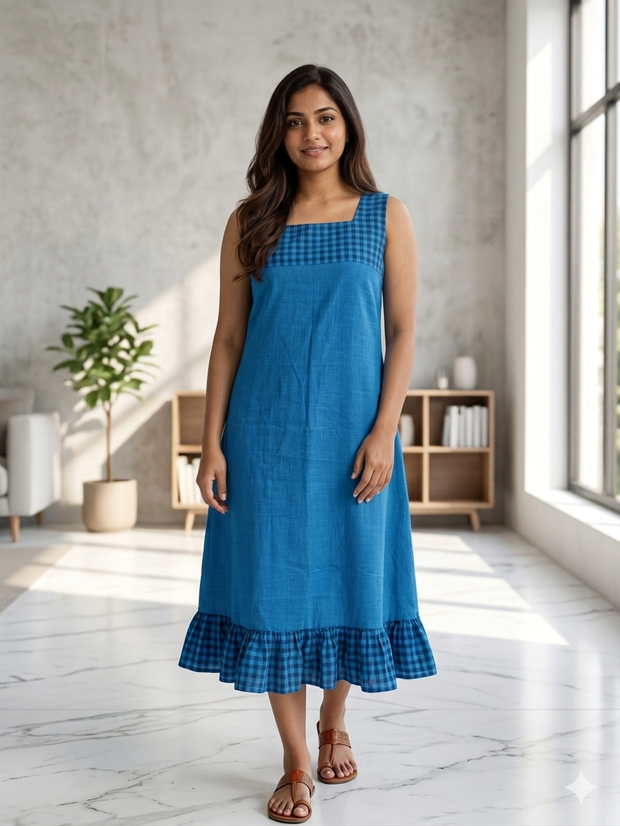 Chennai Check and Plain Midi Dress