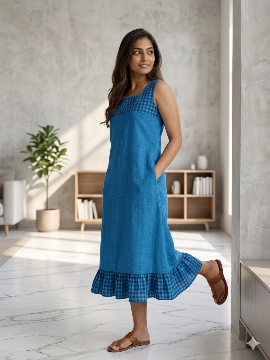 Chennai Check and Plain Midi Dress