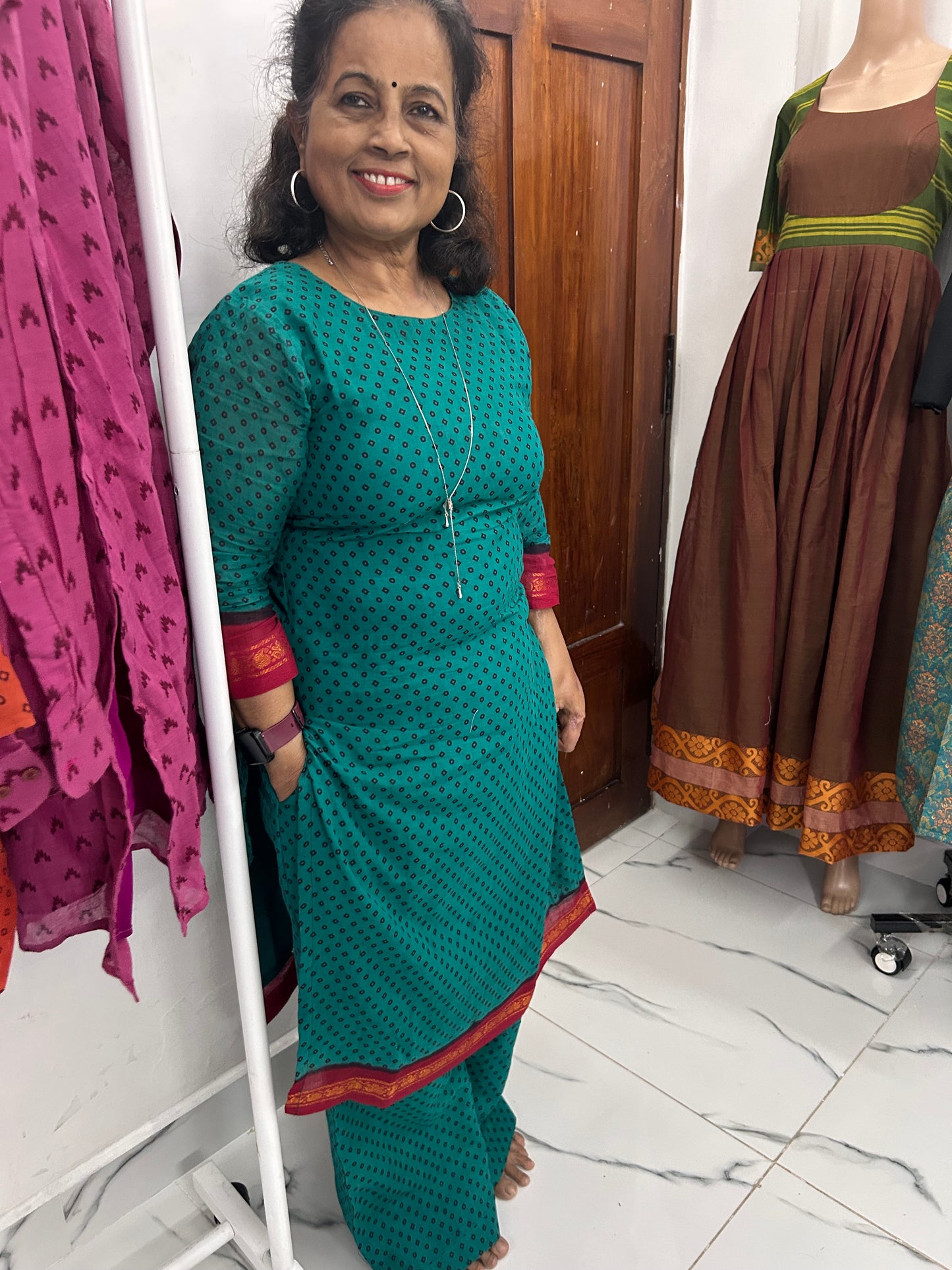 Madurai Sungudi Coords - 3/4 Sleeves - Peacock