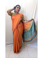 Ahaana Orange Soft Silk Saree with Light blue Blouse