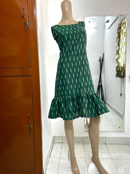 Romanian Ruffle Green Ikkat Dress