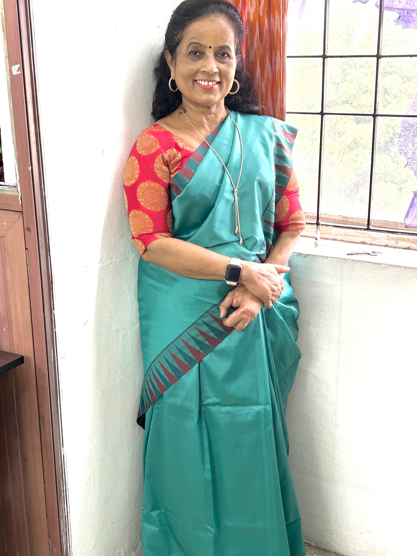 Ahana Turquoise Semi Soft Silk Saree with Maroon border